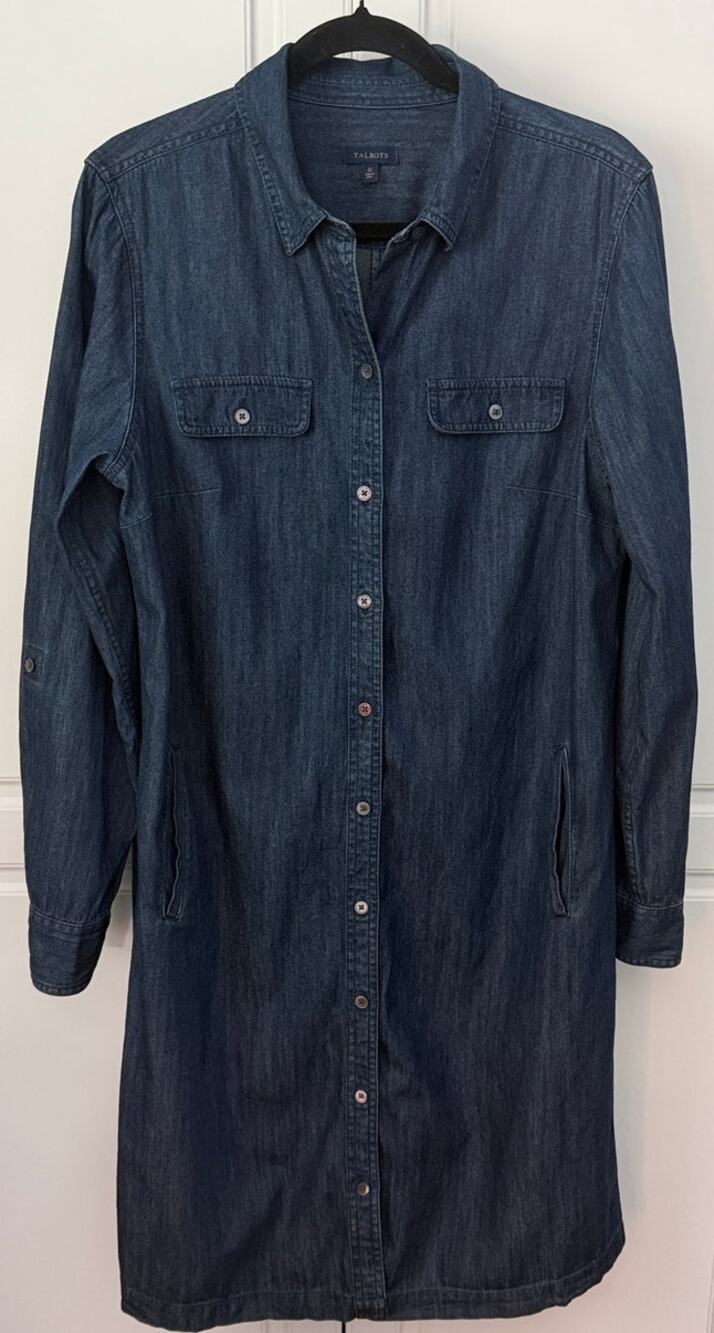 Talbots Denim Button Front Shirt Dress with Pockets Roll Tab Sleeves Size 12